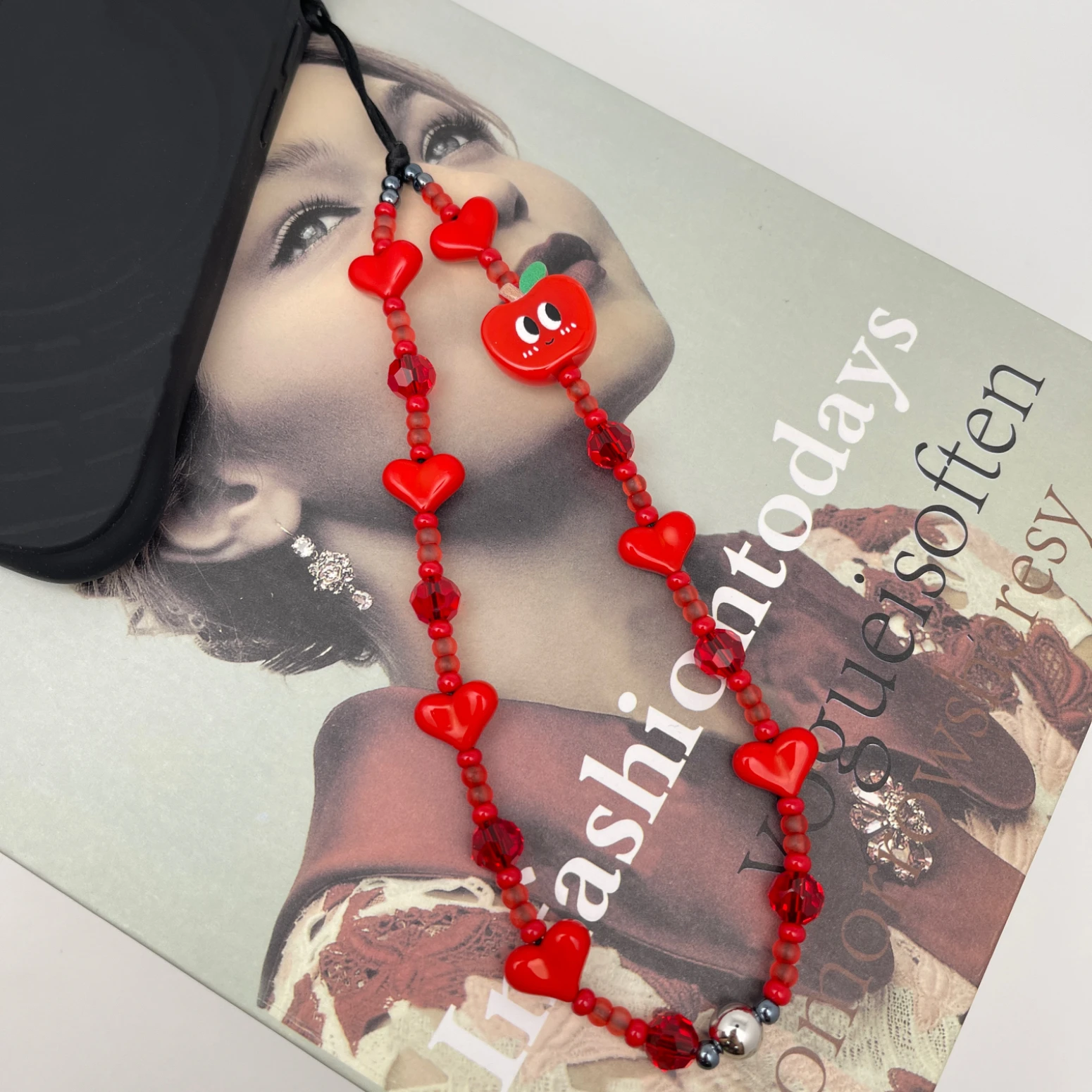 HERLOOK Red Apple Heart Phone Charm Beaded Chain Cute Pendant Accessory for Cellphone Gift for Women Girls Bring Lucky