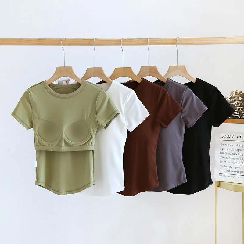 Women's T-Shirts Solid Color With Padded Bust Short Sleeve Base Layer Tops Casual Slim O-Neck Female Blouse Outwear Sleep Top