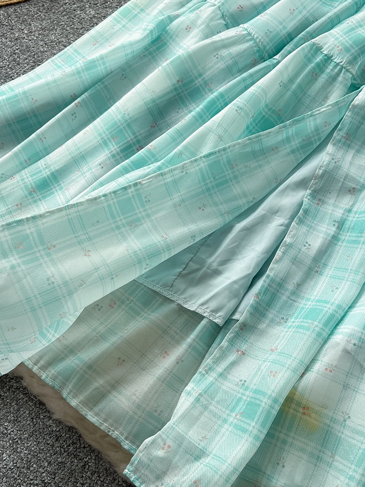 French style Plaid Suspender Sexy Dress Women Temperament Split Big Swing Backless Fairy Long Dress Summer Sweet Green Dresses