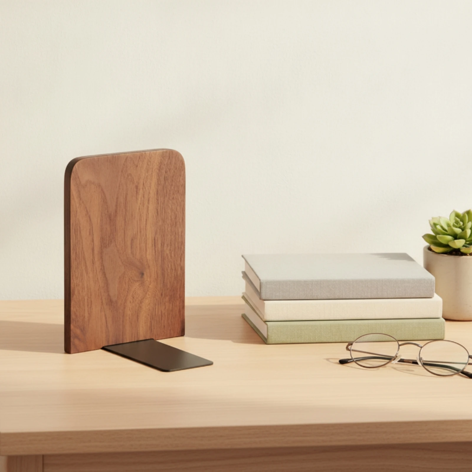 Wooden Bookend with Metal Base Non Skid Desktop Bookend Bookcase Bookends Heavy Duty Desktop Book Organizer Compact for Readers