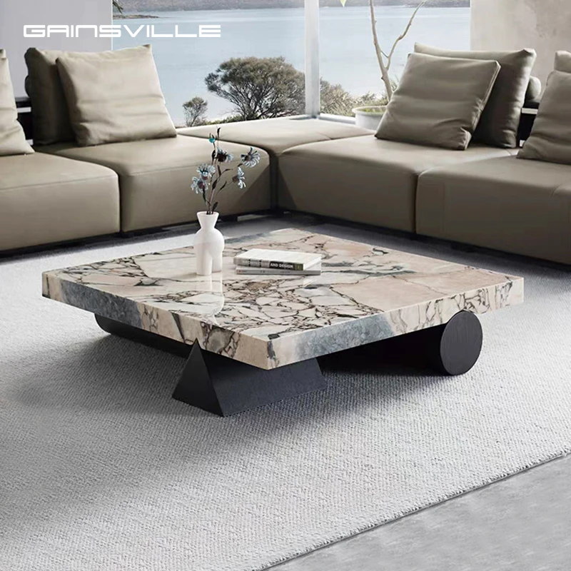Gainsville Luxury Natural Stone Coffee Table With Wood Legs Italian Living Room Set for Villa Apartment