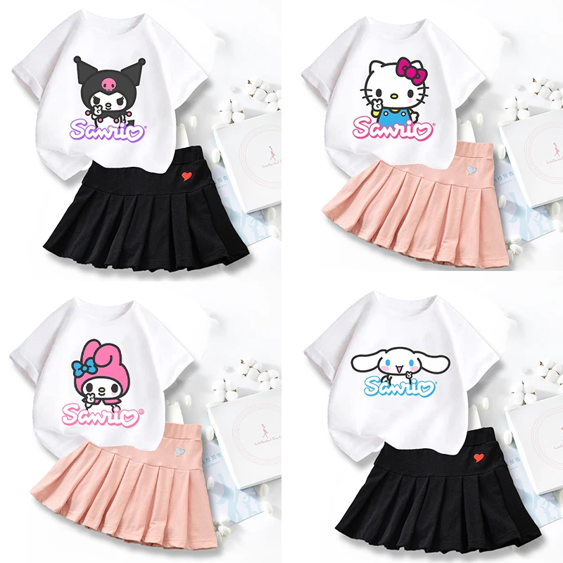 New Hello Kitty Sanrio T-shirts Skirt Set Cute Kuromi Cinnamoroll Graphic T-shirt Kawaii Children Tops Summer Girls Clothes