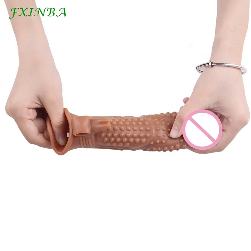 FXINBA 19cm Big Penis Sleeve Extender With Vibration Male Cock Sleeve Spikes Sex Toy For Men Delay Reusable Condom Dick Enlarger