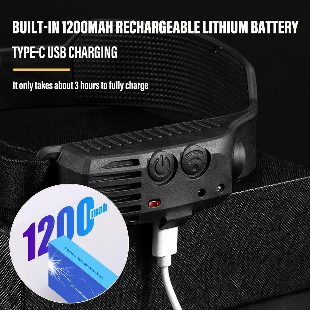 Linterna frontal de inducción con Sensor LED COB, linterna con batería integrada, linterna frontal recargable por USB, 5 modos de iluminación