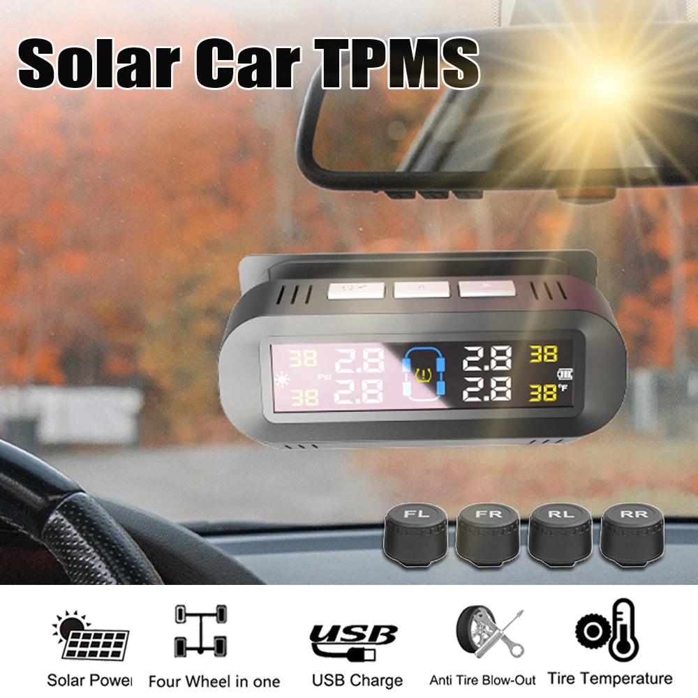 

Solar TPMS Car Tire Pressure Alarm Digital Colorful Display 4 External Sensors Waterproof Tire Pressure Temperature Warning