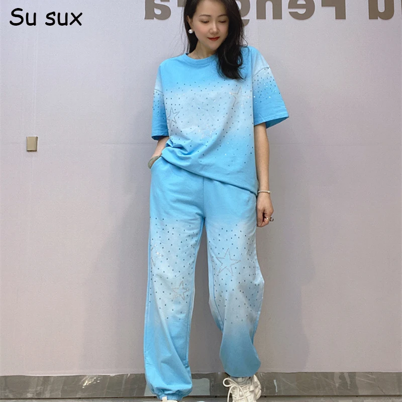 

Stars Sequins Tie-dye Short Sleeve 2 Piece Set Women Outfits 2024 Summer Long Pants Matching Sets Sportwear Streetwear