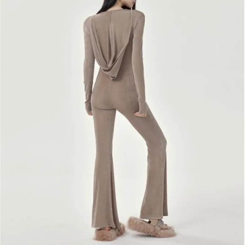Long Sleeved Low Chest Deep V-neck Hooded Jumpsuit for Women Summer Slim Fit Show Figure Flared Pants for Sports Fitness Leisure