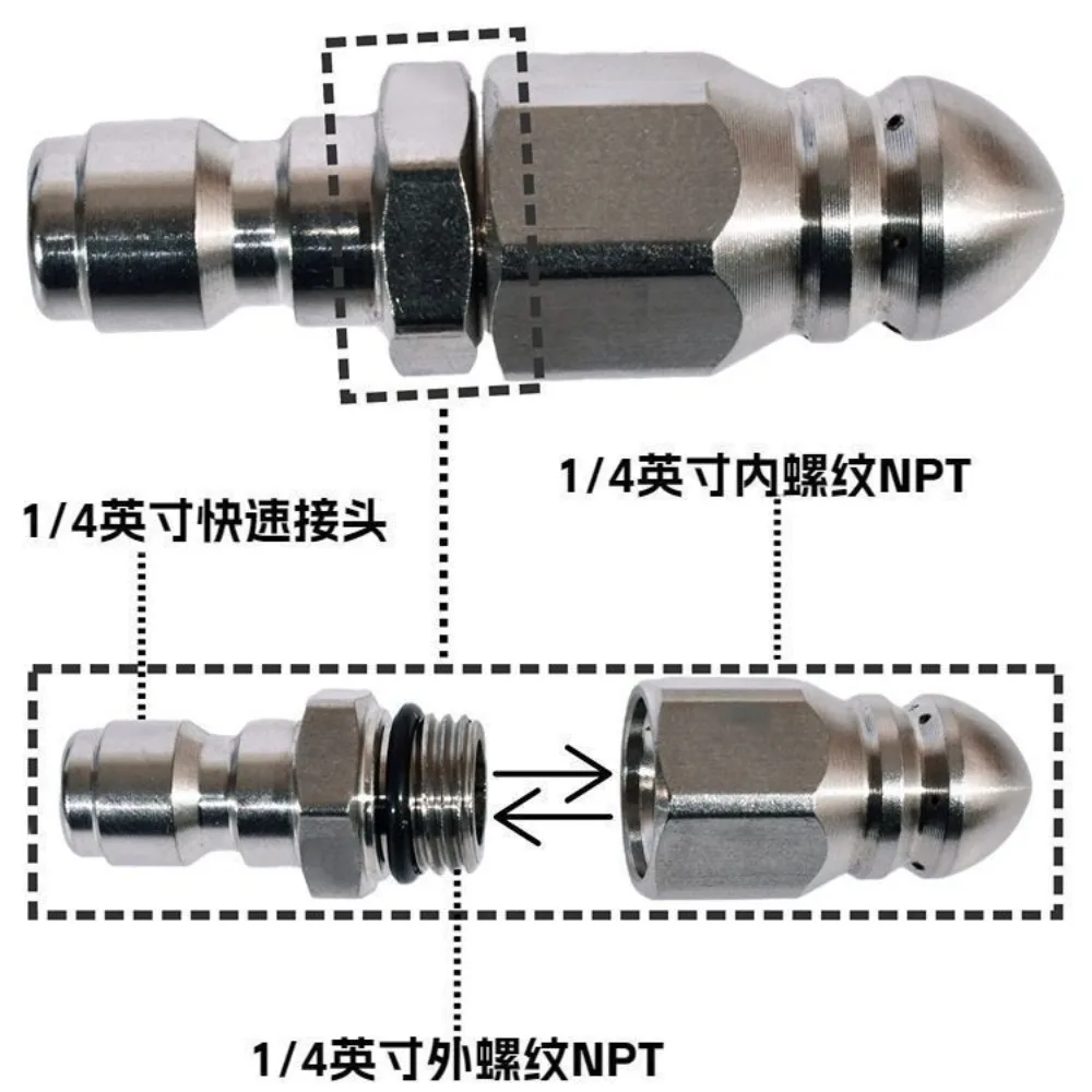 1/4" Stainless Steel Pressure Washer Nozzle Water Jet Sewer Drain Cleaning Quick Connect Plug Hose Accessory Tool - view 4
