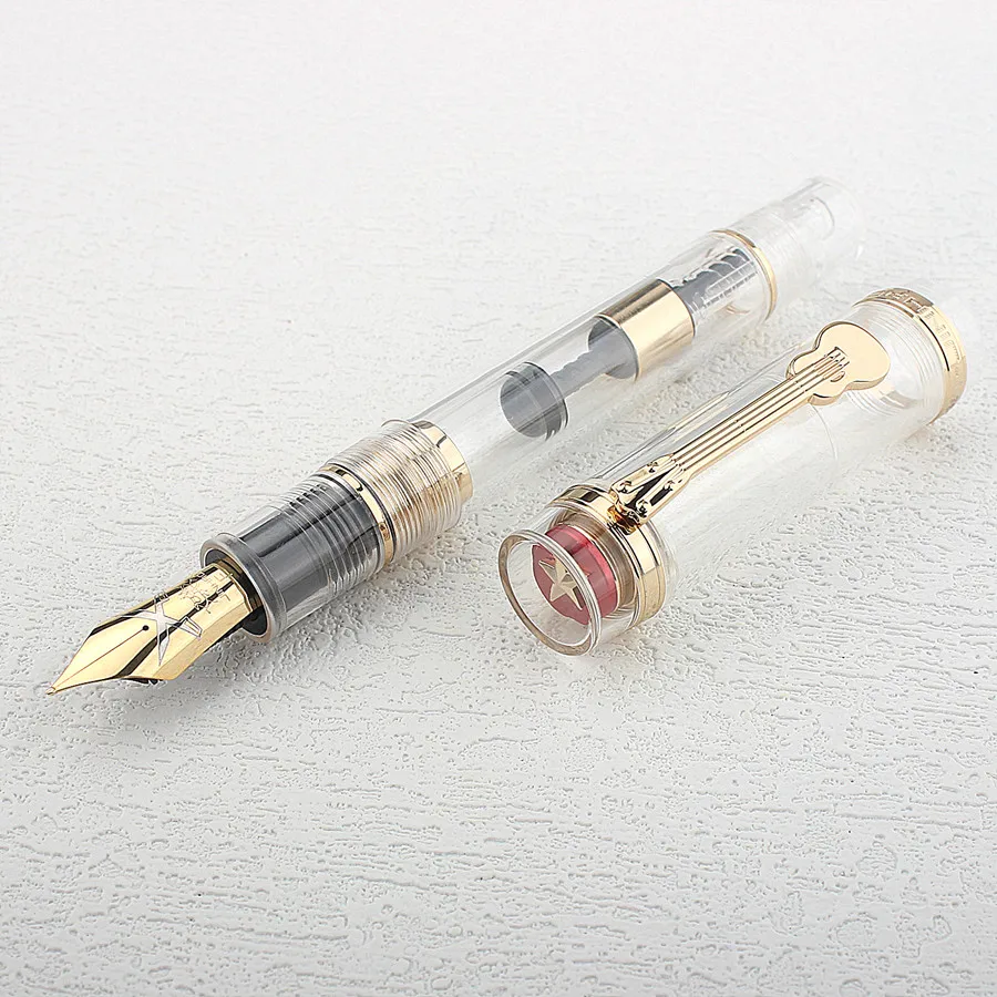 Jinhao 1935 Tiandao Series Fountain Pen #8 F/M Nib with Guitar Clip, Transparent Resin Writing Pen & Large Converter