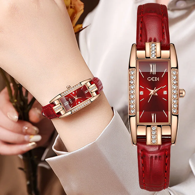 

Luxury Fashion Women Watches Gift for Lady Red Leather Strap Simple Watch Case Rhinestone Rectangle Dial Clock Reloj De Mujer