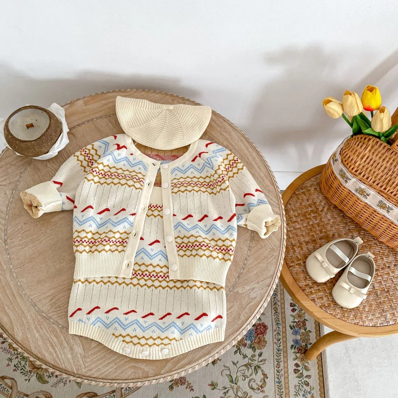 Autumn new style baby clothing for 0-3 years old baby clothes for girls, jacquard knitted suit, long-sleeved cardigan + jumpsuit