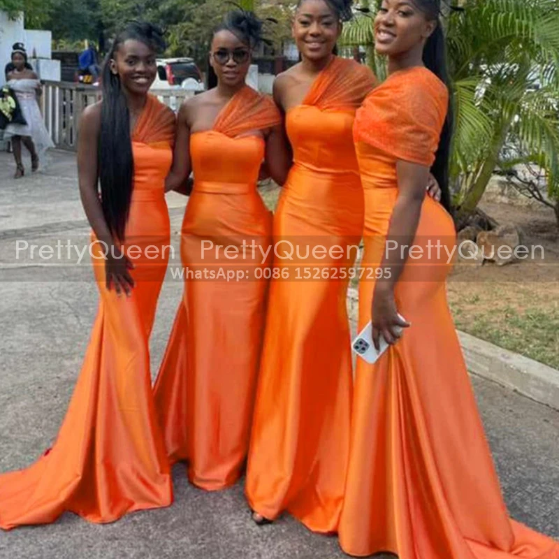 Customized Trumpet Bridesmaid Dresses Sheer Tulle One Shoulder Orange Mermaid Long Vestidos De Festa Wedding Party Dress