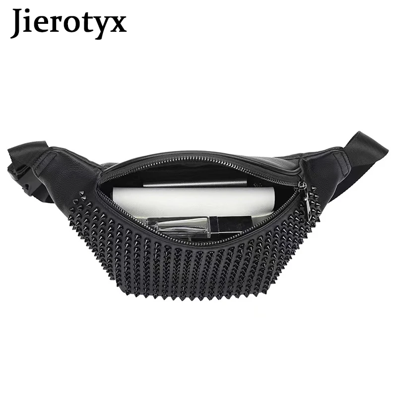 JIEROTYX Personality Leather Fanny Pack Vintage Rivet Waist Chest Bags Pouch Studded Belt Bag for Women Gothic Style