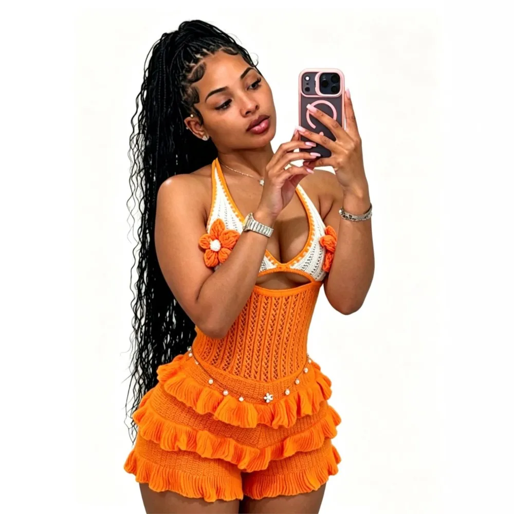 

Women's Crochet Two-Piece Set Floral Halter Top Ruffled Shorts Knitted Beachwear Boho Summer Outfit Vacation Swim Cover Up