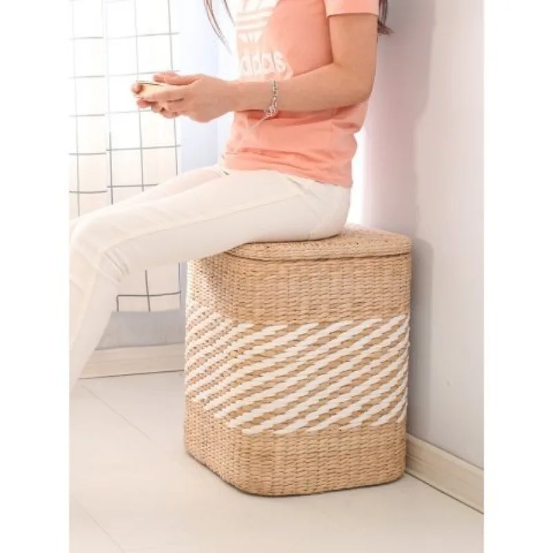 Rattan Storage stool household Multi-functional shoe changing stool small box door imitation grass can sit foot chair furniture