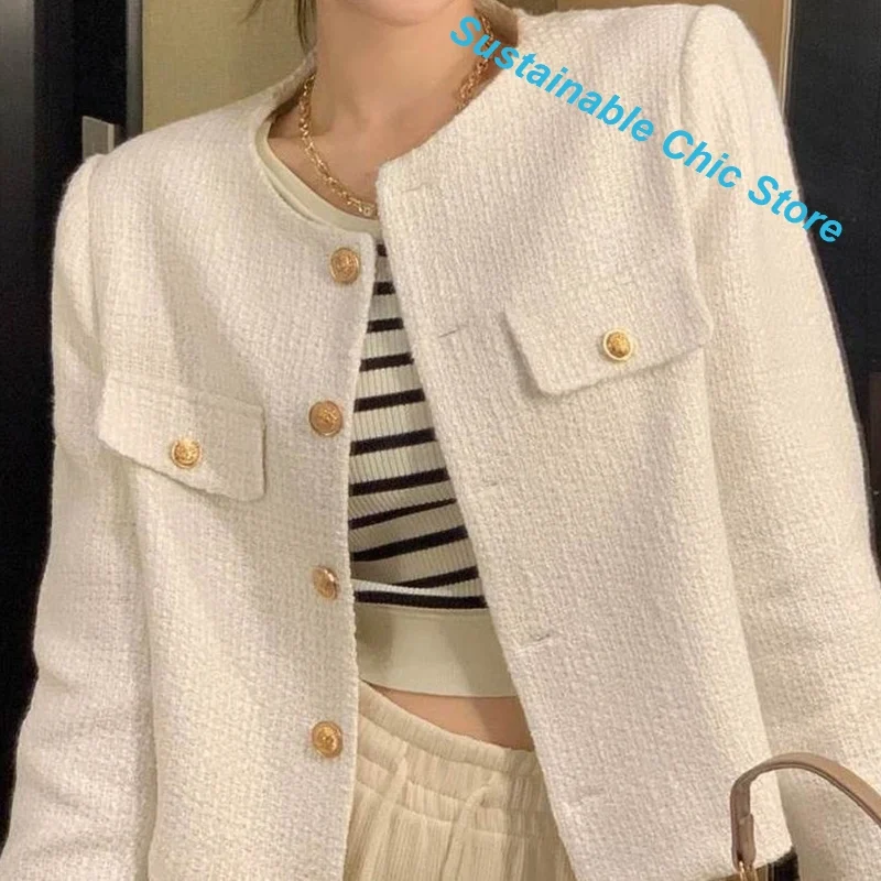 French solid color small fragrance short coat women's spring and autumn new fashion high sense round neck short tweed coat