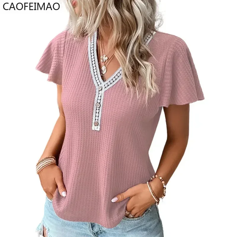 Women's T-shirt New In Summer Lace Stitching V Neck Tshirt Elegant and Chic Casual Short Sleeve Solid Colors Lady Clothing Tops