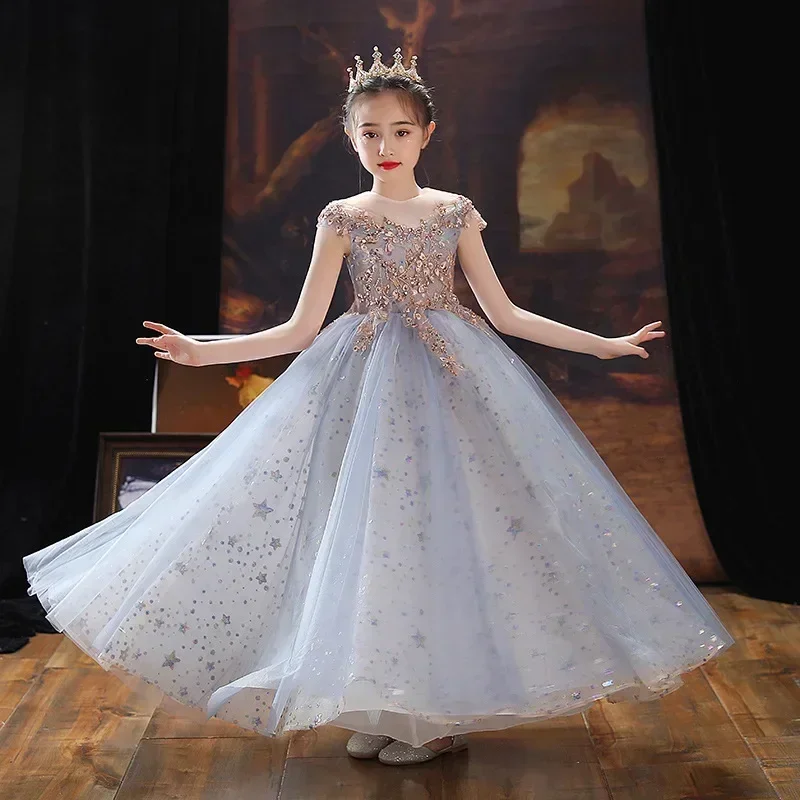 Robe de spectacle de piano pour enfants, fil moelleux occidental, petite hôte, robe de soirée pour filles, printemps, nouveau, 2024