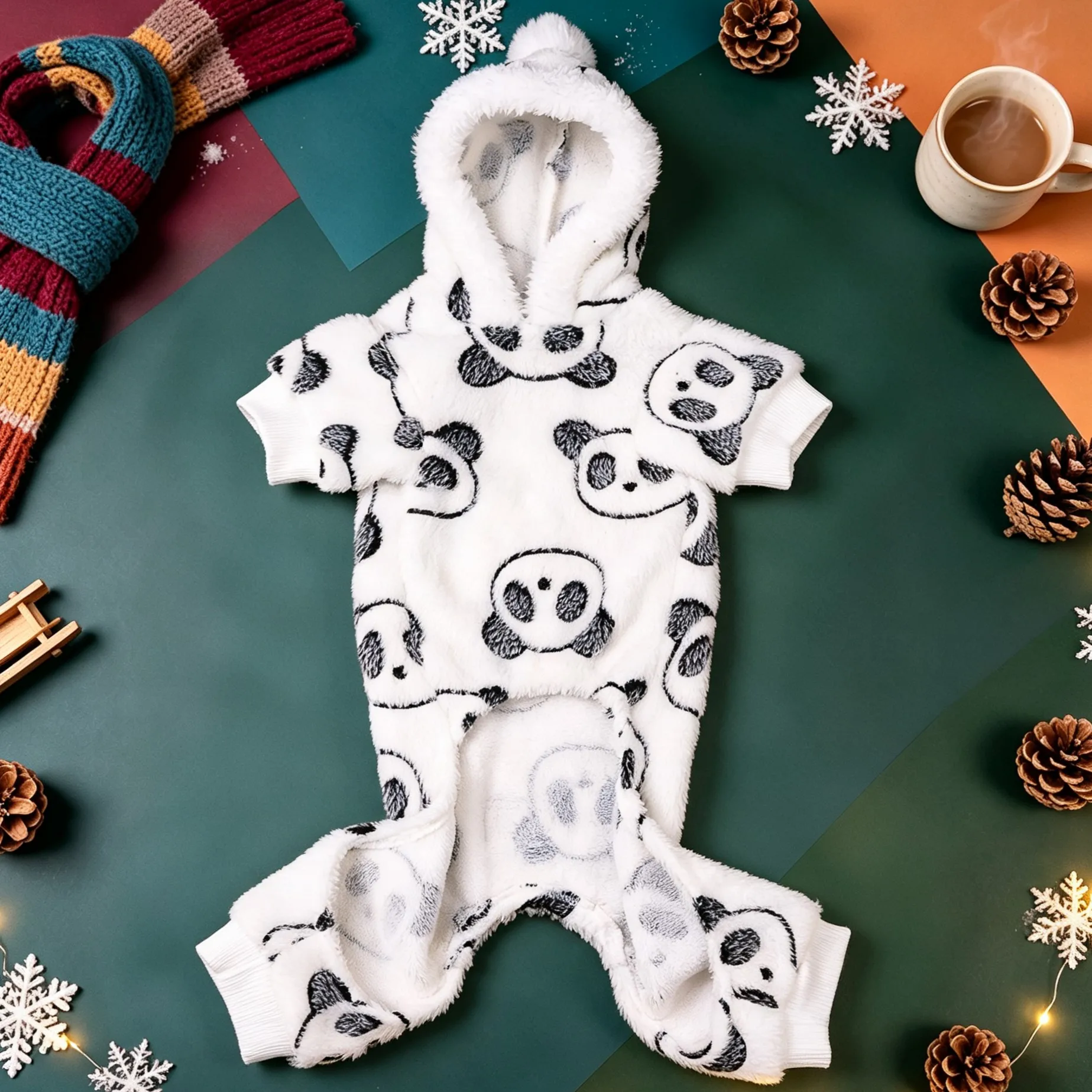 Hundeanzug mit Kapuze und vier Beinen, Plüschballmütze mit Panda-Motiv, weicher und bequemer, dicker Herbst- und Winter-Pyjama. – Detail 12