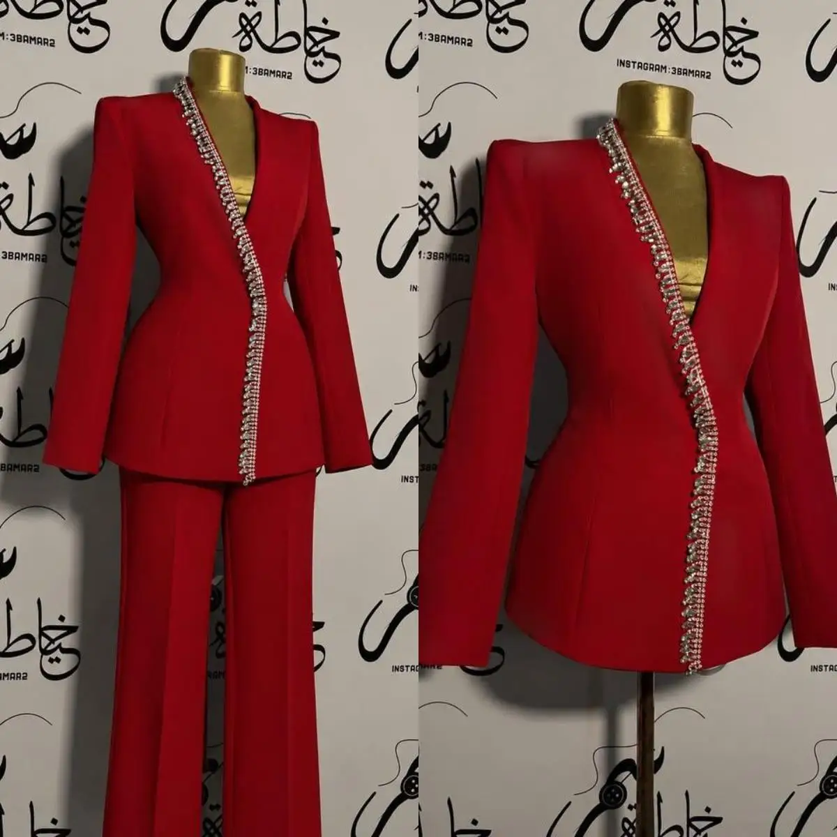 Fashion Women 2 Pieces Pant Suit Rhinestone Trim Blazer Trousers Set Slim Fit Formal Gala Party Ladies Wear Coat Customized