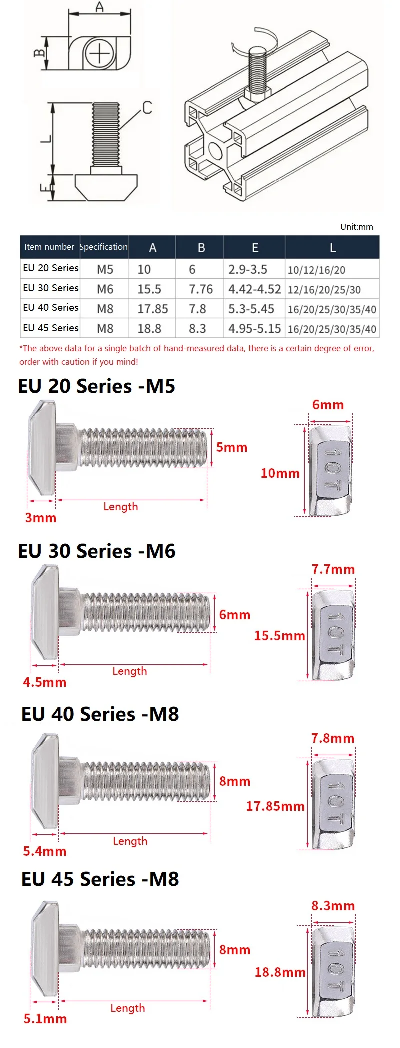 Beicai M5 M6 M8 Nickel Plated T Bolt Drop In Hammer Aluminium Extrusion Profile 20 30 40 45 Series And Serrated Flange Nuts Set