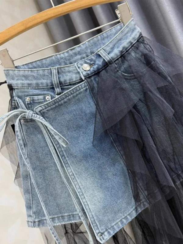 

Утягивающая джинсовая юбка с высокой талией и я сращиванием Корейская юбка трапециевидной формы для поездок на работу Нелегкая юбка ort