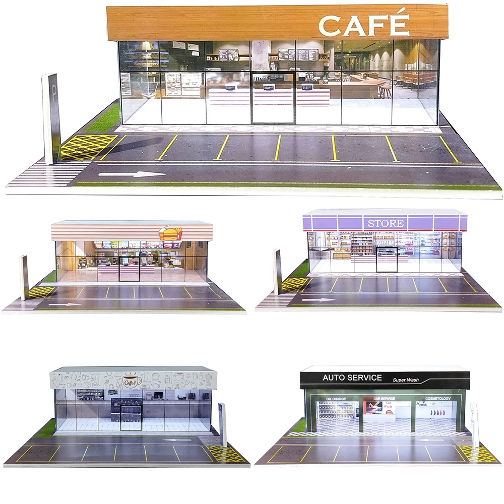 

1/64 Diorama Car Garage Model LED Lighting City Showroom Outdoor Car Showroom Parking Lot Scene Display Building Model Gift