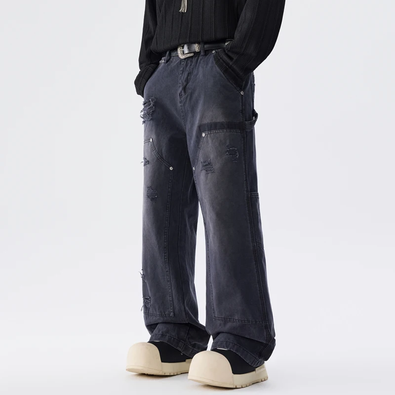 Ripped Jeans Men's Streetwear Fashion Casual Loose Wide Leg Broken Hole Denim Cargo Baggy Jeans Pants Trousers