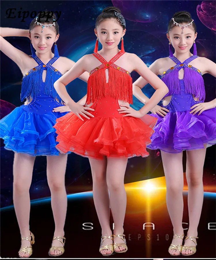 Vestido de baile latino profesional para niños, vestido de baile latino con borla de diamante brillante, ropa de competición Latina para niños, nueva niña