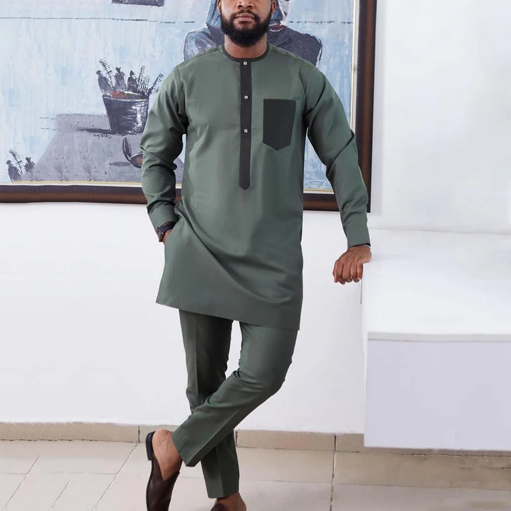 Kaftan Elegant African Men's Set Long Sleeve Ethnic Top And Pants Full Luxury 2 Pieces Outfits Dashiki Solid Color Wedding Dress