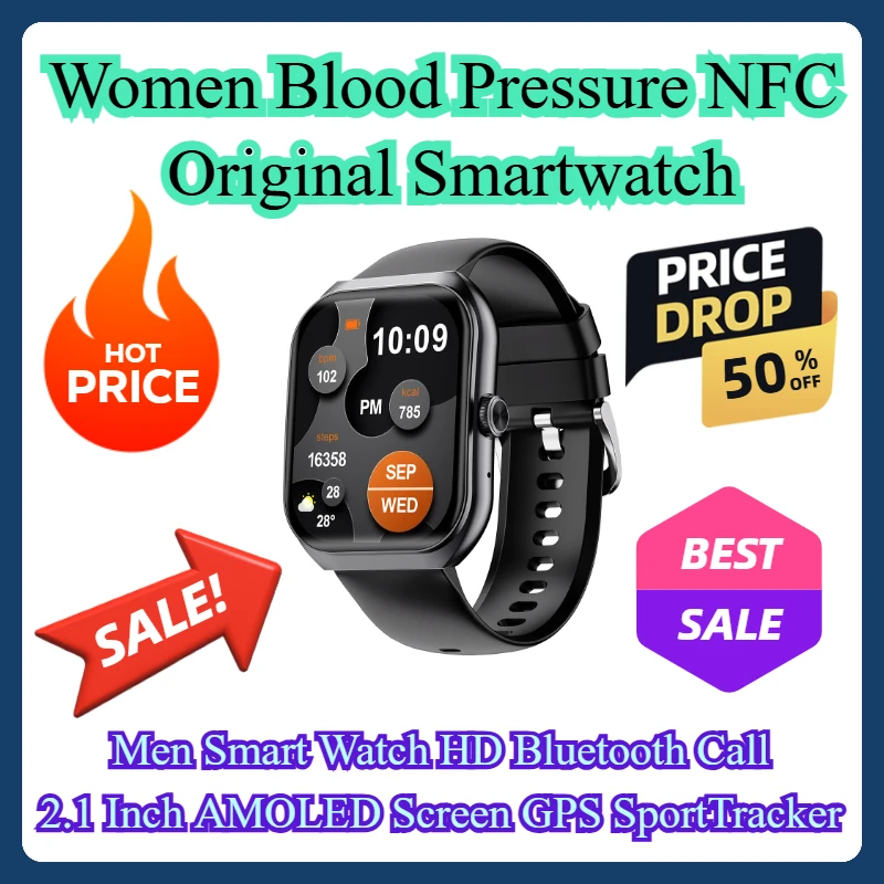 

Women Blood Pressure NFC Original Smartwatch Men Smart Watch HD Bluetooth Call 2.1 Inch AMOLED Screen GPS Sport Tracker