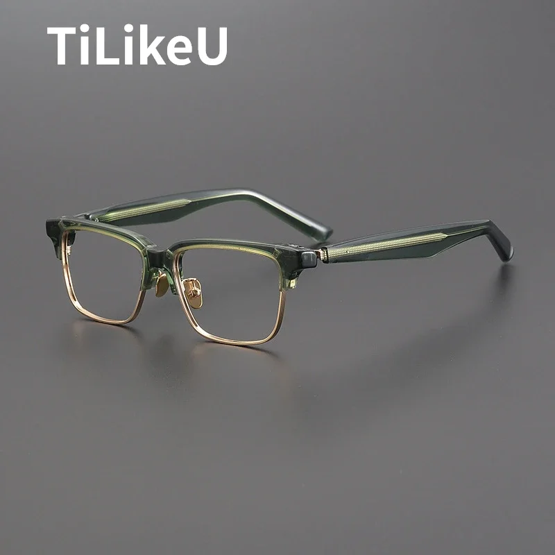 Japanese Handmade Titanium Spring Leg Square Acetate Glasses Frame Men and Women Eyeglasses Prescription Glasses Gafas Oaulos De