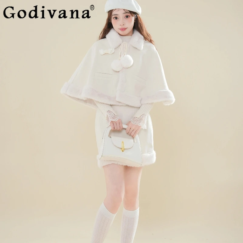 

Winter Christmas New Year Outfits Women Cape Coat Bodycon Short Skirt Two Piece Set Female Autumn Japanese Lolita Suits