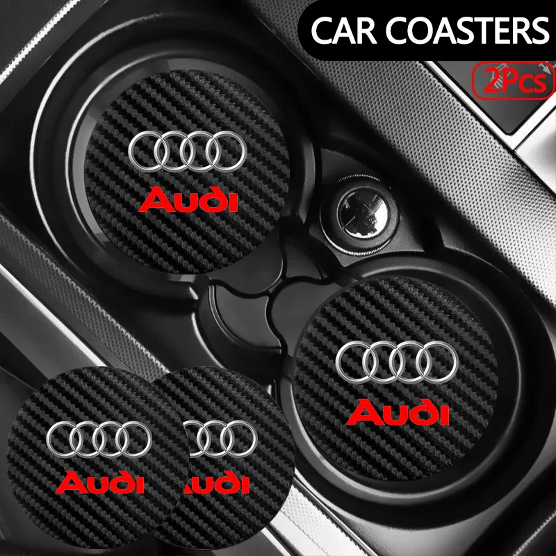 2Pcs Car Logo Carbon Leather Water Cup Pad Anti-noise Coaster Mat For Audi Sline A7 A3 A4 A6 A5 Q5 A1 Q7 Q3 Q4 TT SQ5 RSQ3 RSQ8