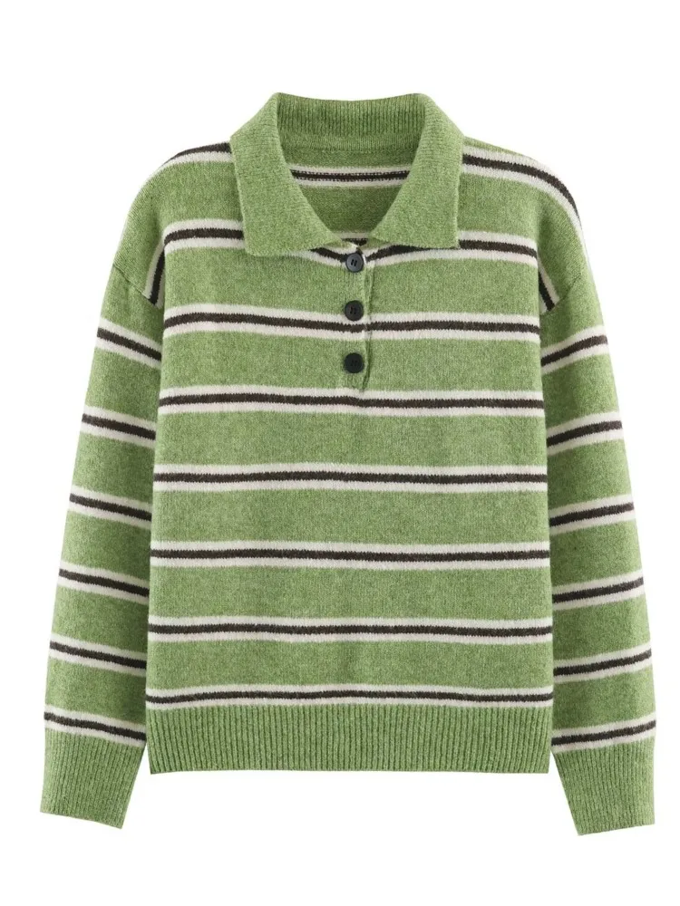 MsChuh Autumn 2026 Women's Clothing New Button Pullover Lapel Striped Knitted Sweater Top Simple Style Comfortable All-match