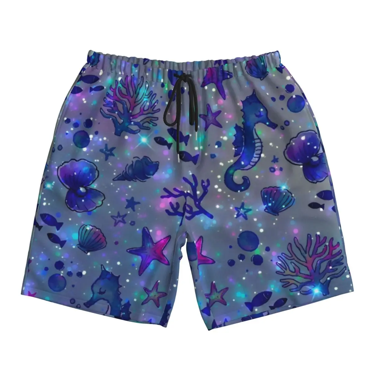 

Летние шорты для доски, мужские блестящие пляжные шорты для серфинга с рисунком морского конька, повседневные быстросохнущие плавки больших размеров