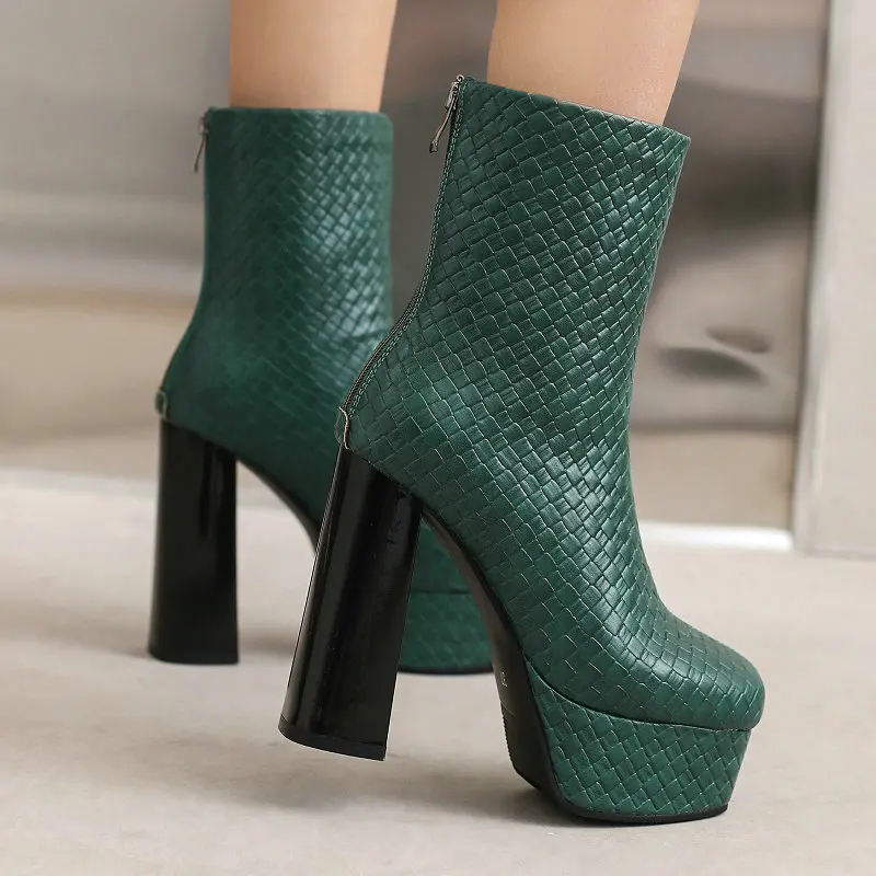 Big Size 48 49 50 Dark Green Plaid Square Toe Block High Heeled Winter Shoes For Women Back Zipper Platform Heels Ankle Boots