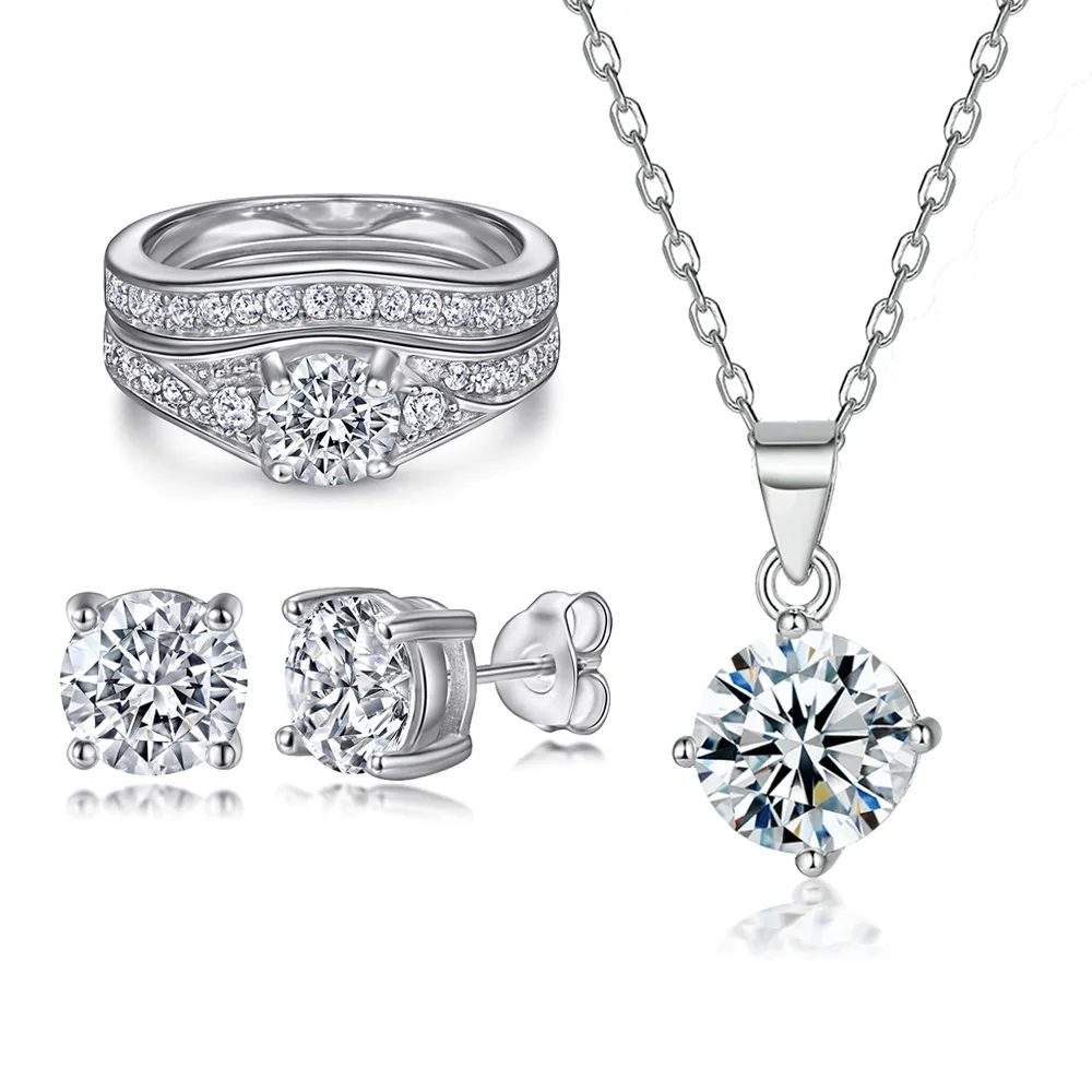 

18K gold PT950 platinum S925 silver 7-layer electroplated gold diamond inlaid gemstone ring diamond necklace earring set