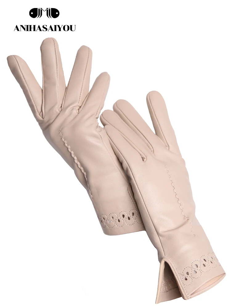 Guantes de piel de oveja para mujer, cálidos para invierno, además de terciopelo, cortos y finos, guantes de cuero de color para conducir, nuevo