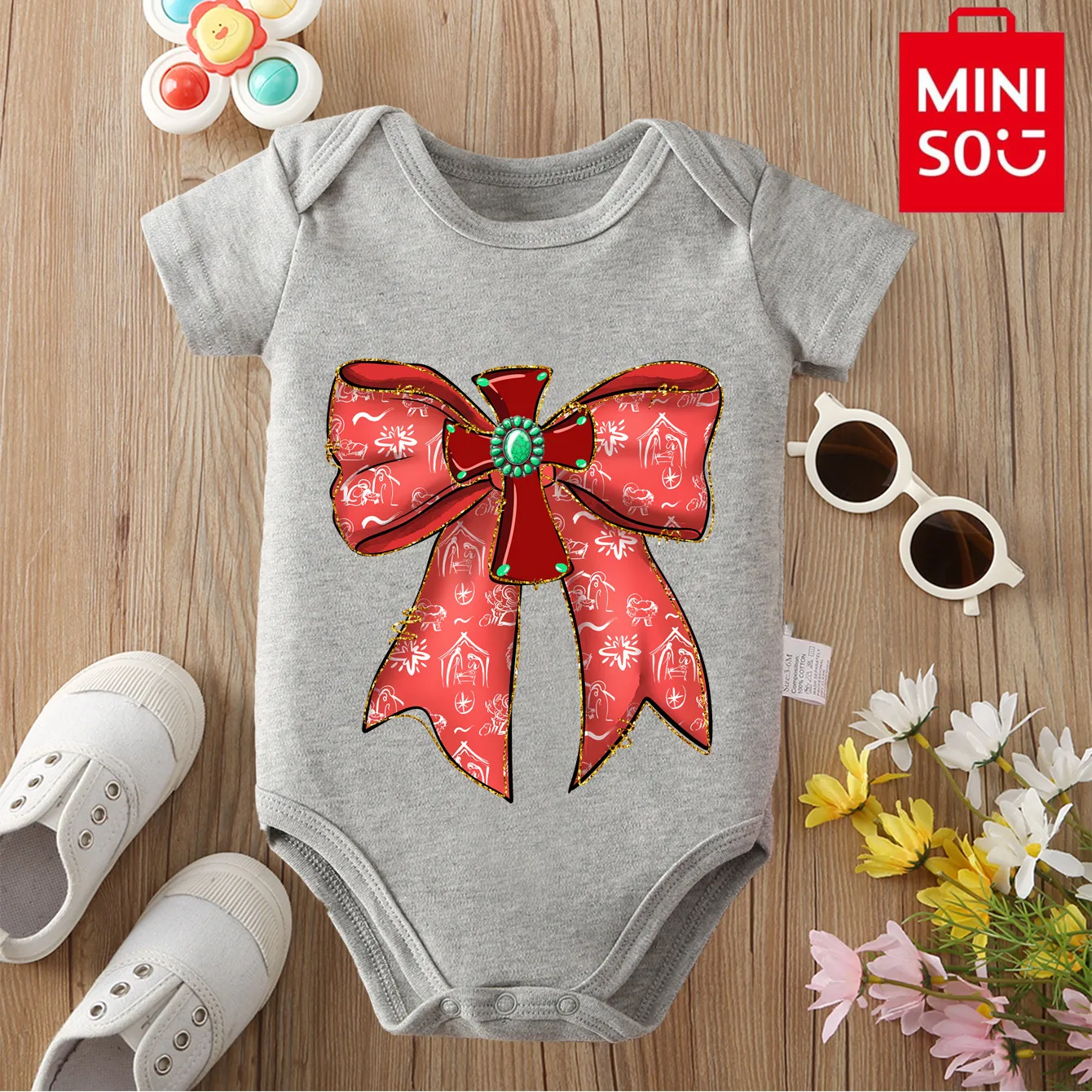 MINISO القوس سانتا HOHOHO عيد ميلاد سعيد القطن الخالص نيسيي بذلة الملابس ارتداءها ل 0-12 شهرا الوليد أفضل هدية للطفل #3