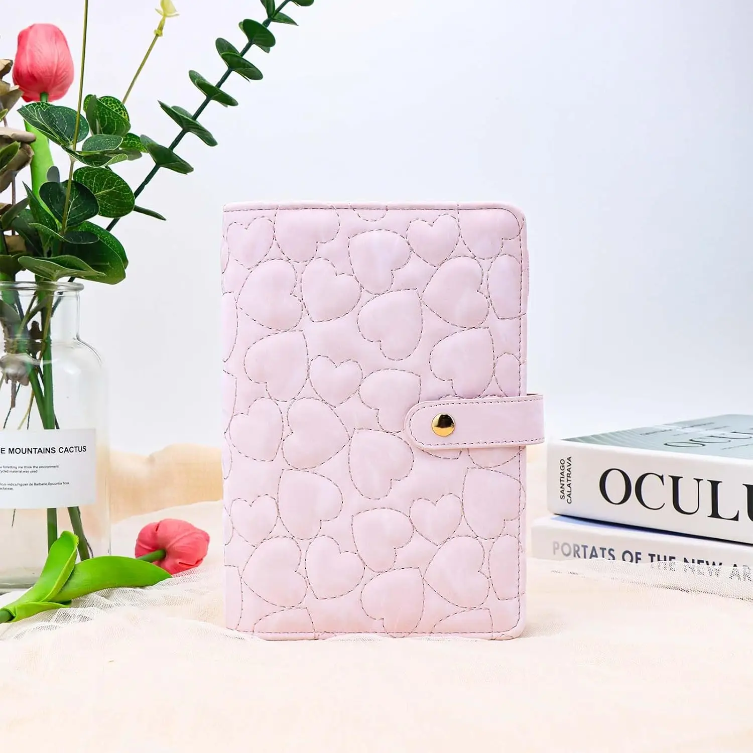 

A6 Love Cotton PU Notebook Binder - Refillable 6 Ring for A6 Filler Paper, Loose Leaf Personal Planner Cover With Button Closure