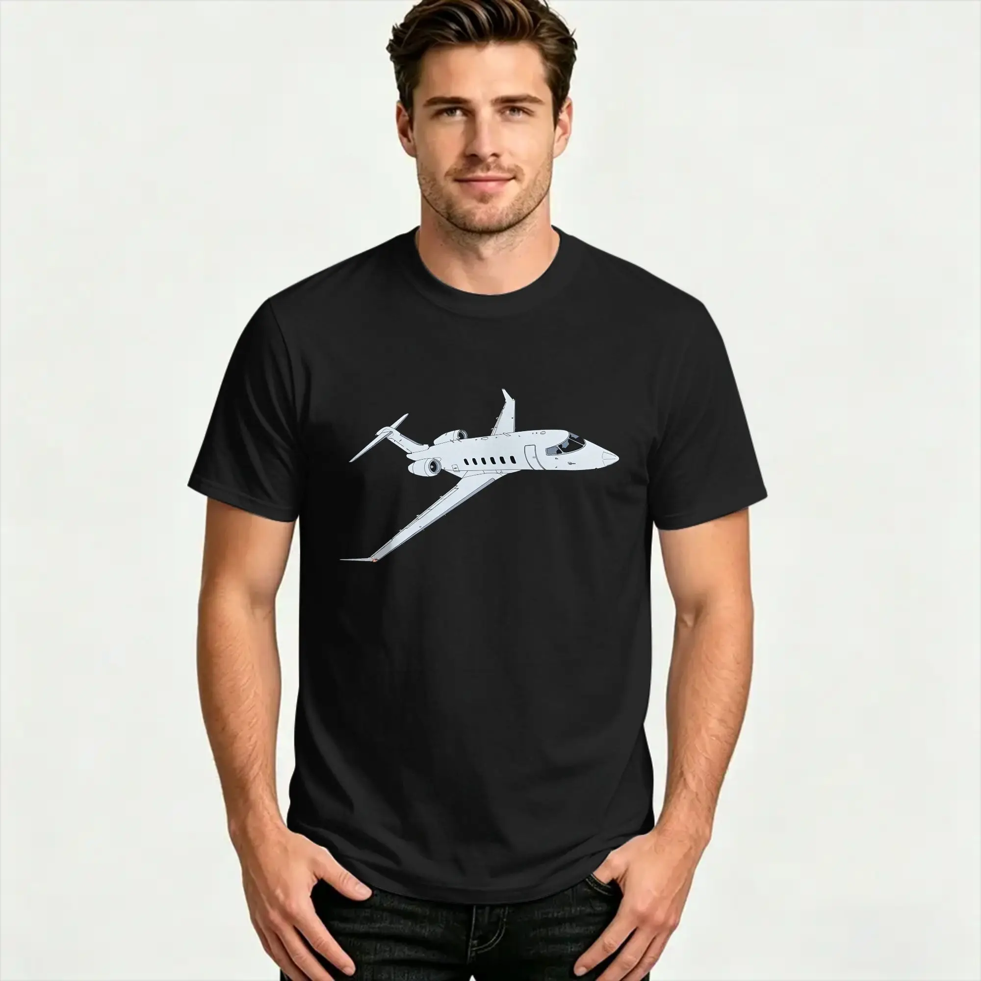 Bombardier Challenger 350 Jet Illustration Pure Cotton T Shirt For Men's Summer O Neck Leisure Tee Shirt Plus Size Tops