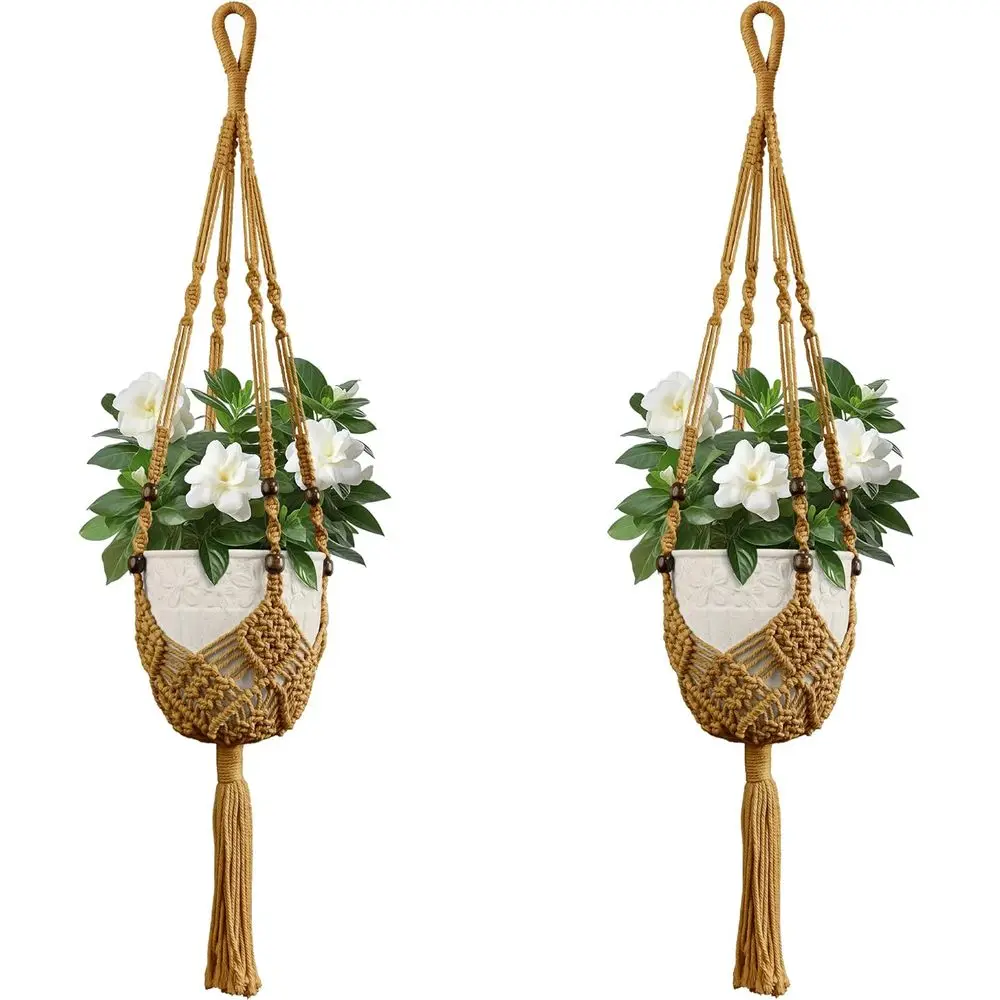 Hanging Planter Holder with Beads and Tassels, Boho Home Decor, 35+35 Inch, Brown, Up to 3-6.5 inch Pot (POTS NOT Included)