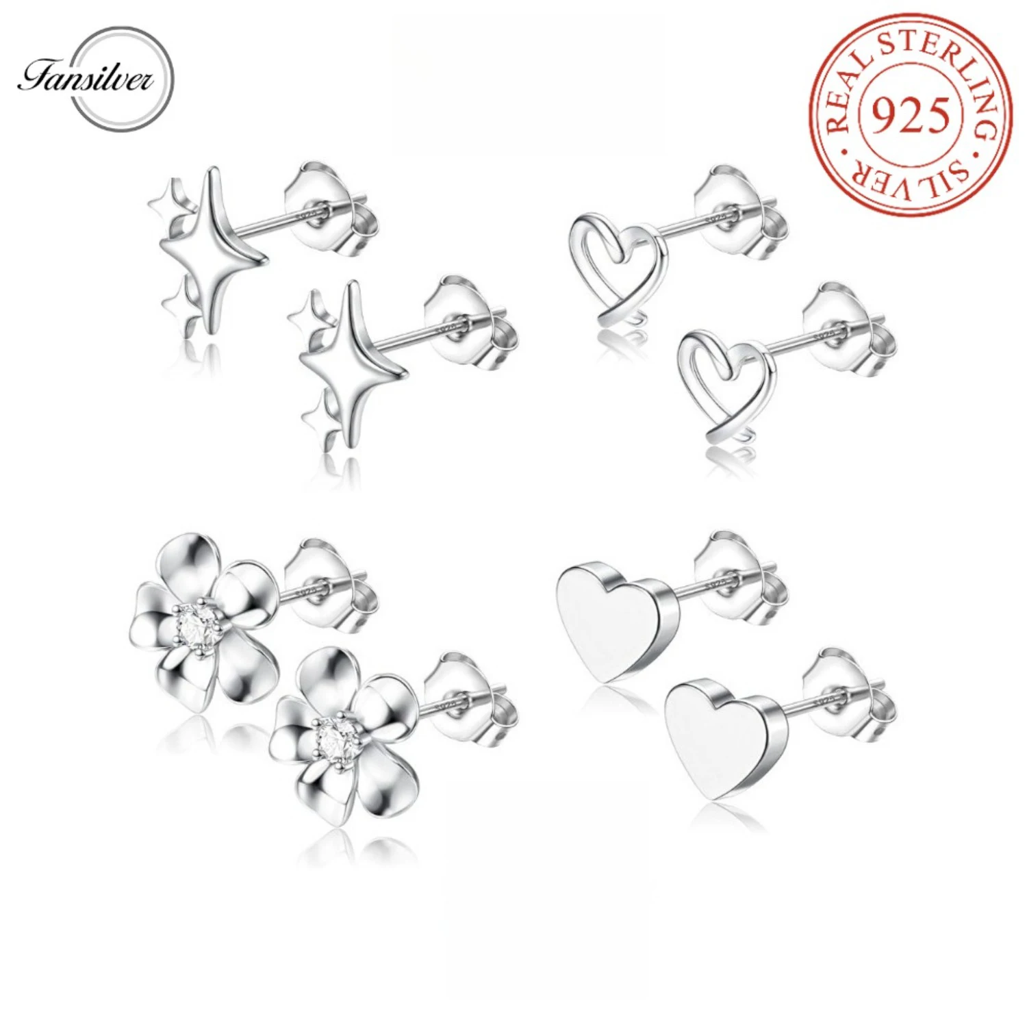 

Fansilver 4 Pairs 925 Sterling Silver Stud Earrings for Women Dainty Flower Star Heart Stud Earrings Pierced Jewelry Gifts