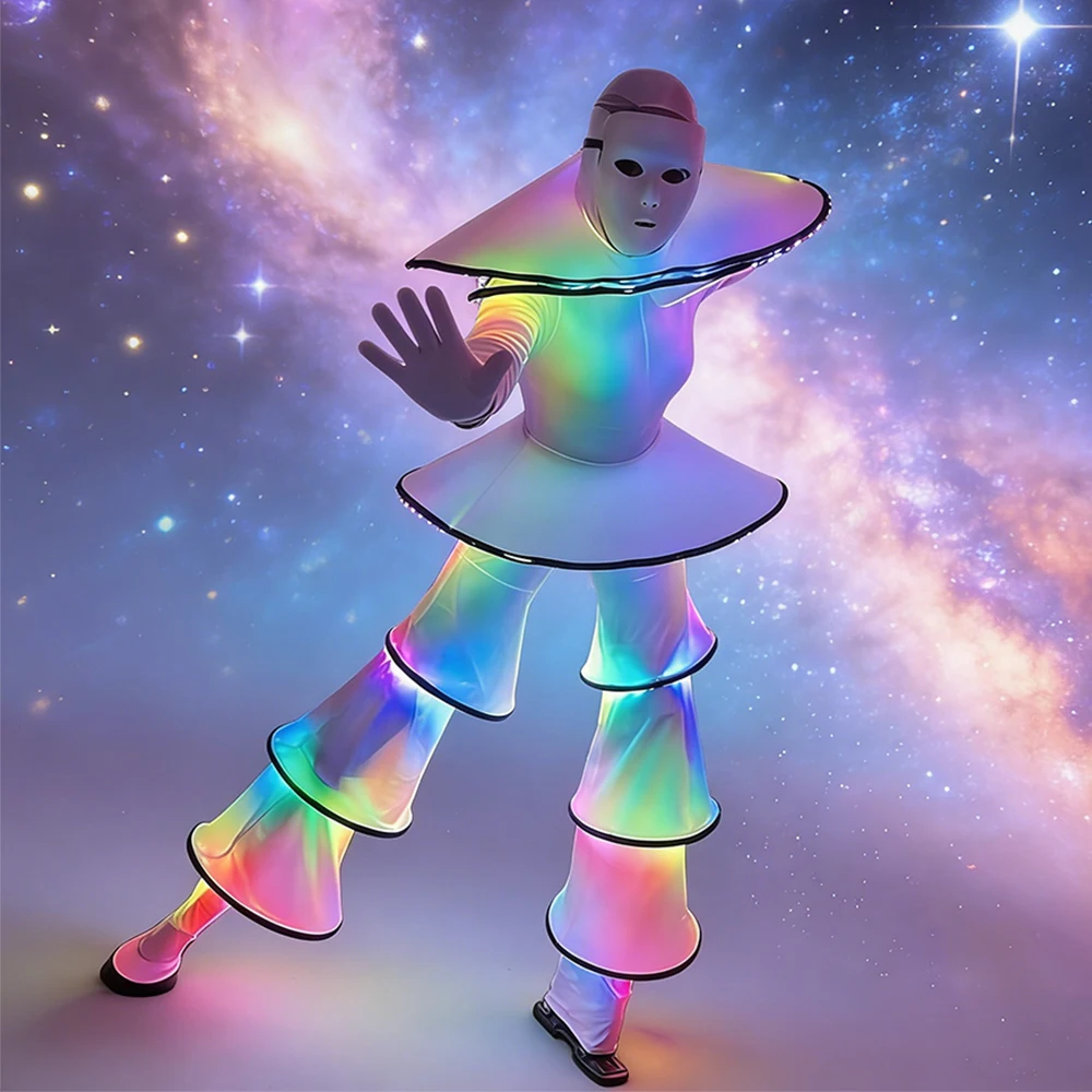 

LED Stilt Coil Swaying Faceless Mask White Dance Costume Nightclub Performance Glowing Outfit Halloween Costume