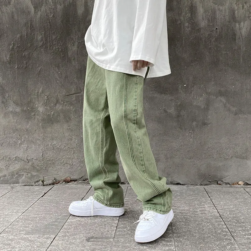 Korean Fashion Men Jeans Purple Green Loose Straight Vintage Casual Streetwear Skateboard Dance Denim Cargo Baggy Pants