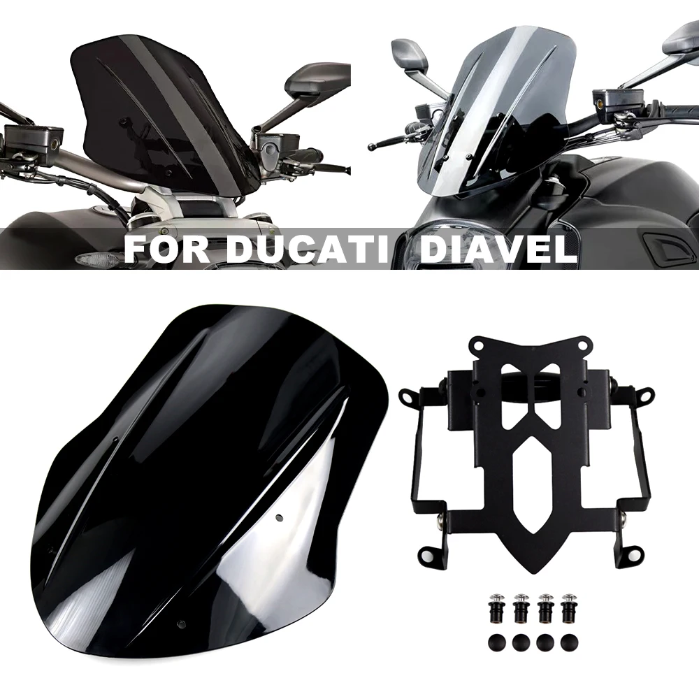 

Motorcycle Windshield Windscreen Shield Screen with Mounting Bracket For Ducati Diavel 2014 2015 2016 2017 2018 2019 2020 2021