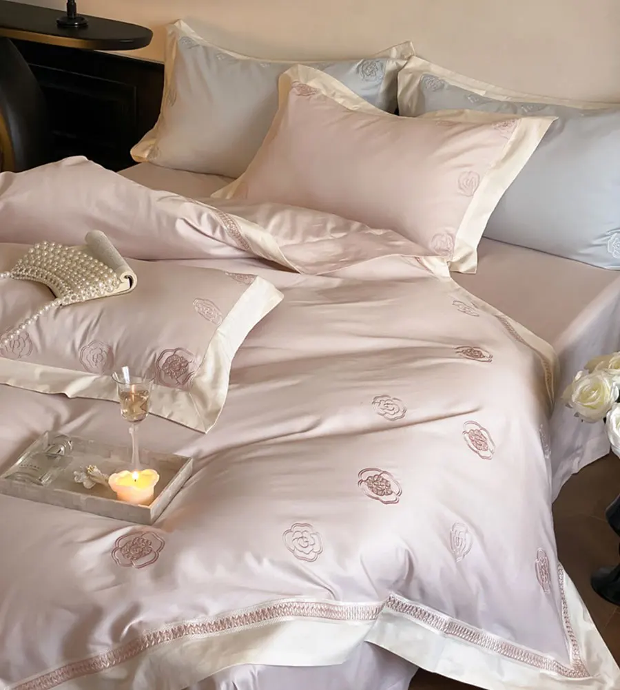 Elegant romantic embroidery flower pink blue bedding set,full queen king cotton home textile bed sheet pillow case duvet cover