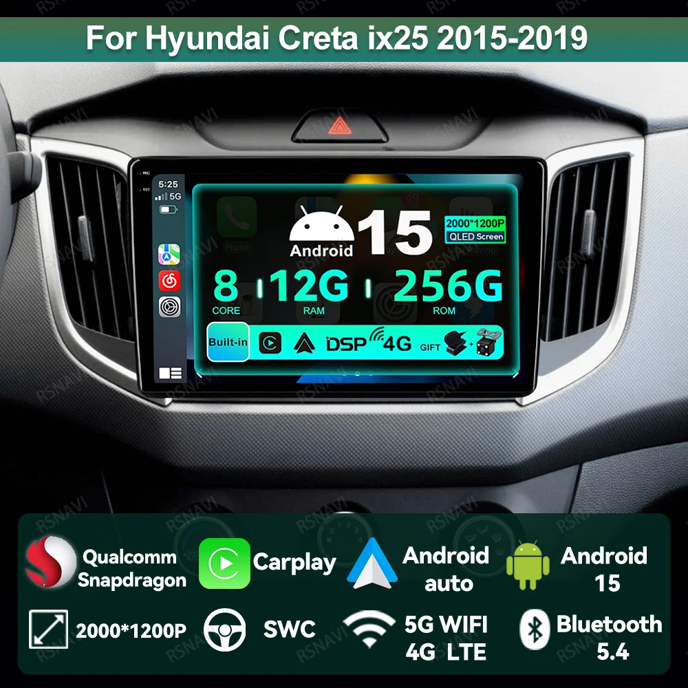 

Car Radio Android 15 For Hyundai Creta Ix25 2015-2019 Wireless Carplay Auto BT GPS Viedo Player Qualcomm Stereo Multimedia DVD