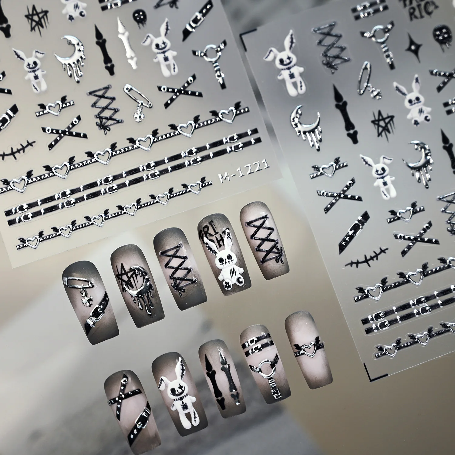 

Halloween 5D Metallic Silver Punk Buckle Belt Bandage Rabbit Angel Love Bone Adhesive Nail Stickers Decals Manicure Dark Charms
